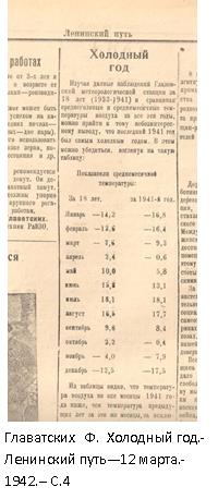 Заметка в глазовской газете "Ленинский путь" 12 марта 1942 года. Холодный год